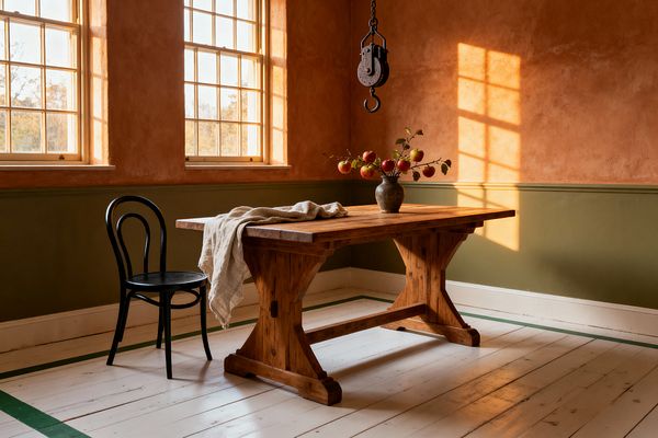 Sunlight pours through two divided-light windows onto a rustic dining room with a thick, solid-wood trestle table and a single black bentwood chair. Terracotta plaster walls with an olive-green wainscot, white painted plank floors with a green border stripe, a stoneware vase holding apple branches, a draped linen cloth, and a ceiling-mounted black iron pulley create a warm, farmhouse atmosphere with visible textures and long shadows.