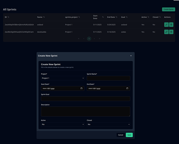 The image displays a user interface for managing sprints in a project management tool.