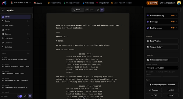 Screenshot of a screenwriting software interface showing a script being edited with various menu options and script formatting tools.