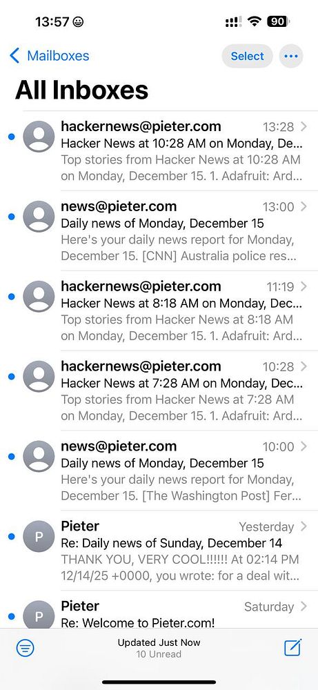The image displays an email inbox interface showing various emails related to Hacker News and personal correspondence.