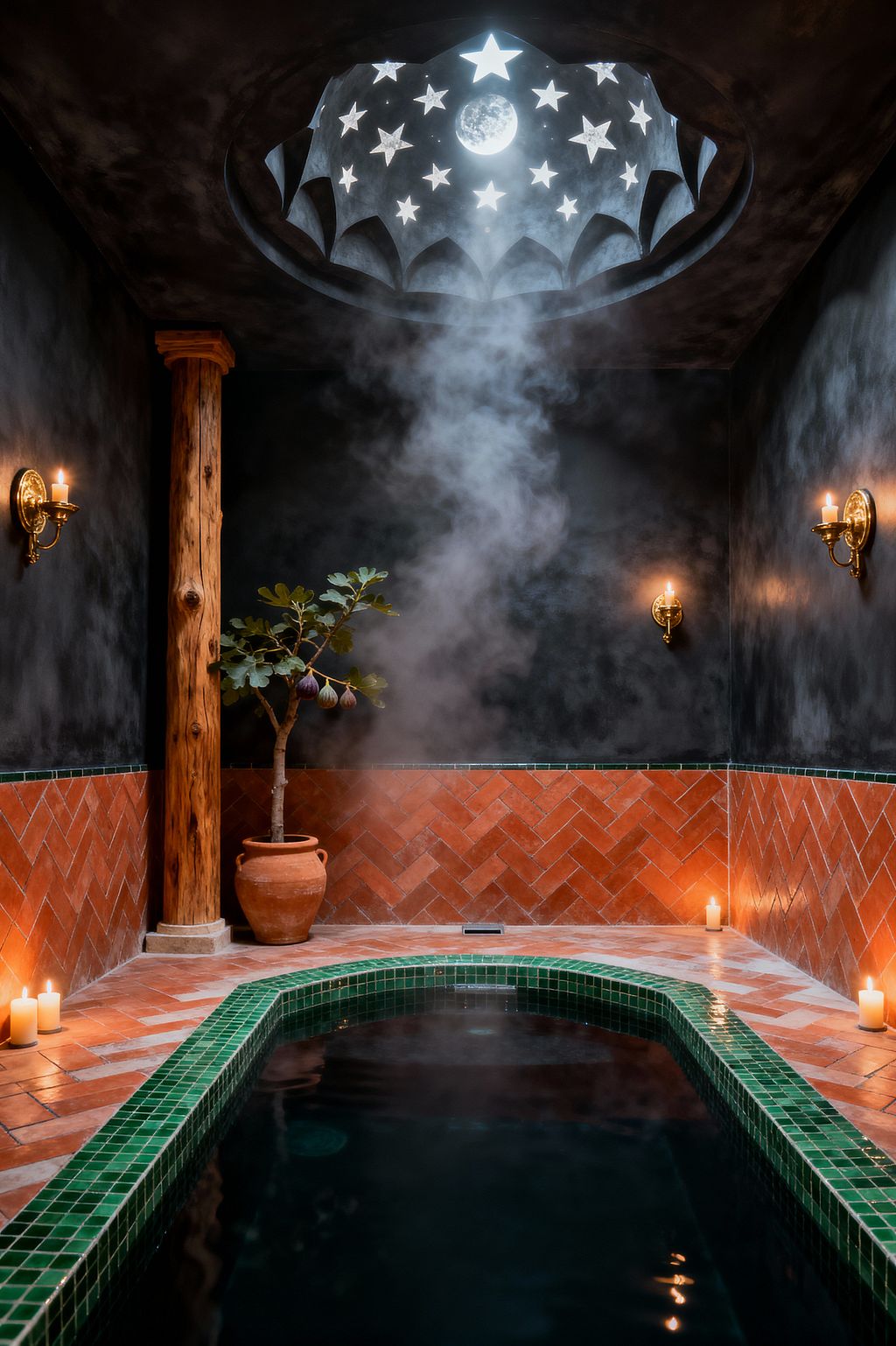 A narrow Moroccan-style bathroom features a small soaking pool edged in deep green glazed tiles, with steam rising. The lower walls are clad in terracotta herringbone tile capped by a thin green border, while charcoal plaster finishes the upper walls. A domed oculus with star and moon cutouts casts light from above. Brass candle sconces and floor candles glow along the walls, a carved wood column stands at one corner, and a terracotta pot holds a small fig tree.