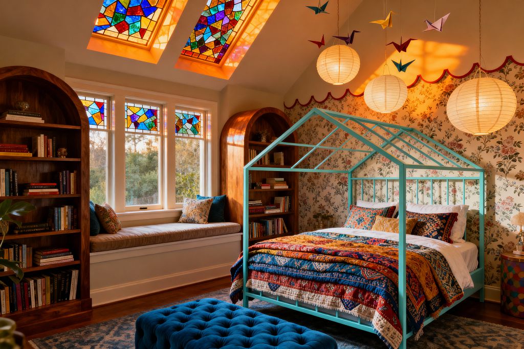 A children’s bedroom features a turquoise house-frame bed layered with multicolored quilted bedding against vintage floral wallpaper with a scalloped red trim. Arched walnut bookcases and a cushioned window seat sit below windows and skylights inset with jewel-toned stained glass. Three round paper lanterns glow overhead with hanging origami cranes, while a tufted blue ottoman and patterned blue rug anchor the warm, inviting space.