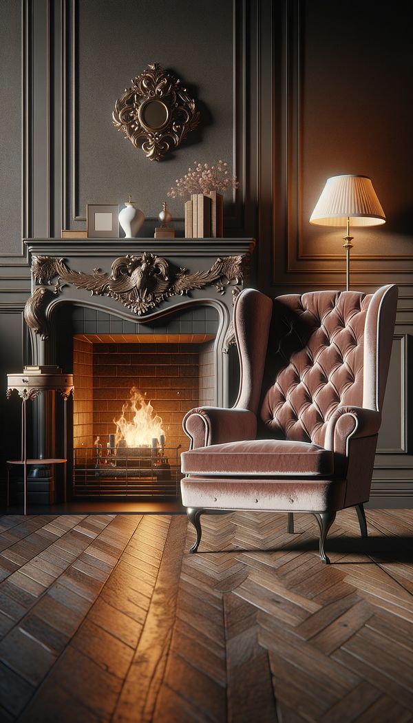 A luxurious velvet wing chair placed beside a crackling fireplace in a cozy, well-decorated living room, with a stylish side table and a vintage reading lamp nearby.