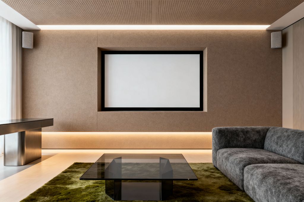 A modern media room with a recessed screen framed in black set into a taupe, fabric-clad wall. Linear LED lighting washes the lower wall and ceiling perimeter. A curved charcoal gray sofa sits on an olive green high-pile rug facing a low square coffee table with a smoked-glass top and black base. A brushed stainless console stands to the left near sheer white curtains, while a perforated acoustic ceiling and two compact wall speakers flank the screen.