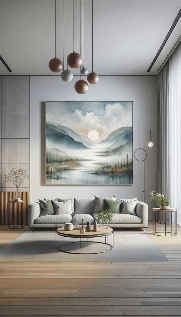 A watercolor painting featuring a serene landscape, with a mix of soft blues, greens, and earth tones, displayed in a modern living room setting.