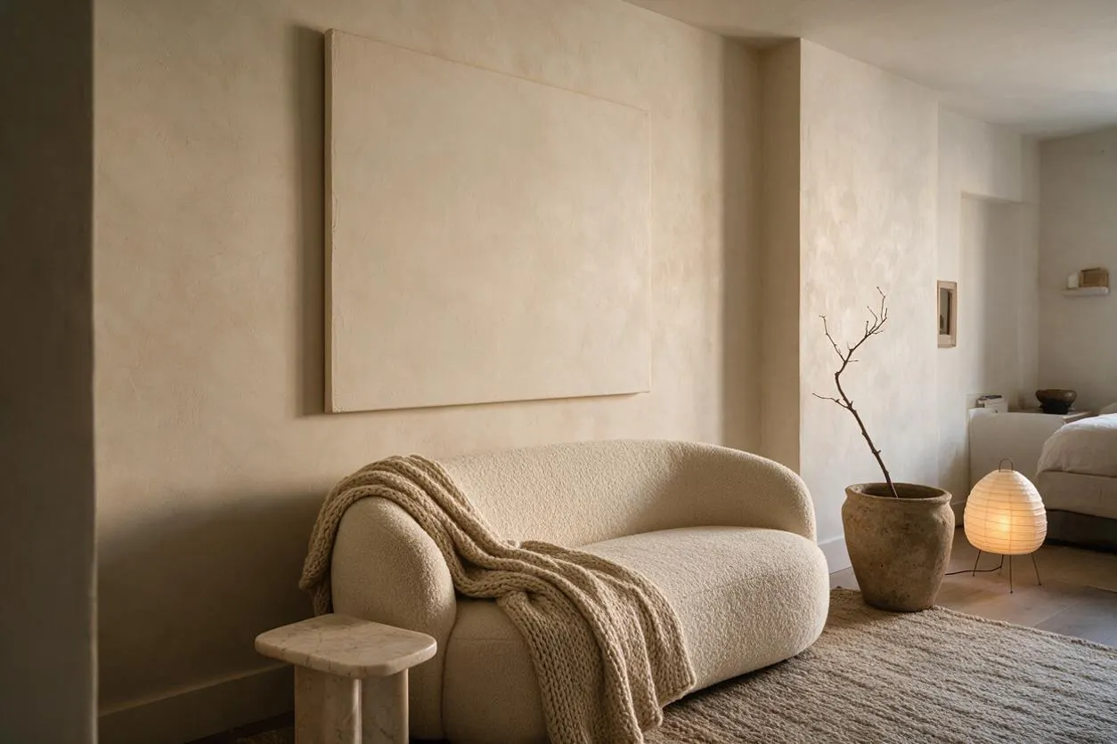 A serene studio apartment corner with a cream boucle-style sofa draped in a chunky knit throw, a small stone side table, and a large blank canvas on warm beige walls. A potted branch, woven rug, and paper lantern lamp add organic texture, while a bed is visible in the background.