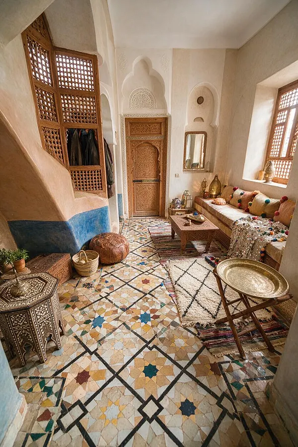 A narrow Moroccan-style entryway with white plaster walls, carved arched niches, and wooden lattice windows. The space features a colorful mosaic tile floor, low cushioned seating with pom-pom pillows, carved wood furniture, brass decor, and layered woven rugs.