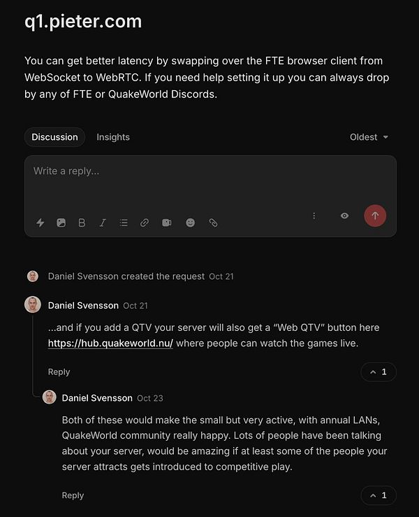 Discussion thread on q1.pieter.com about improving latency with WebRTC and adding Web QTV for live game viewing.