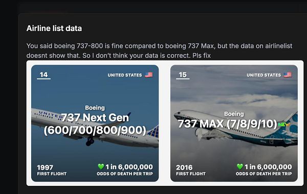 The image displays a comparison of Boeing aircraft models, specifically the 737 Next Gen and 737 MAX, along with their respective statistics.