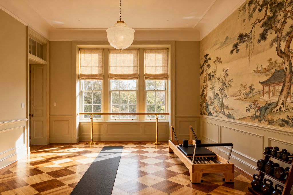 A sunlit traditional home gym features three tall windows with beige linen Roman shades and a polished brass ballet barre in front. The room has diamond-pattern parquet wood flooring, paneled walls in warm beige, and a large Chinoiserie landscape mural along one side. A wooden Pilates reformer with black upholstery and a compact rack of dumbbells and kettlebells sit to the right, while a brass-and-glass globe pendant hangs from a high ceiling with crown molding.