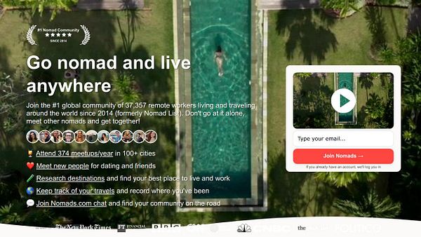 The image features a promotional webpage for a global community of remote workers, showcasing a serene poolside setting.