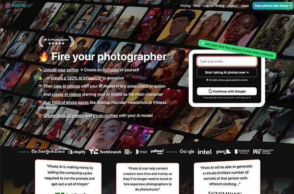 The image features a promotional landing page for a service called Photo AI, showcasing various AI-generated photos and offering features for users.