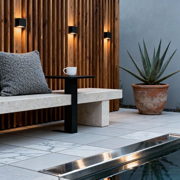 A modern patio features a light beige travertine bench topped with a chunky gray knit pillow and a slim black metal side table holding a white cup. Behind it, a vertical cedar slat screen is illuminated by three black wall sconces, casting warm light. To the right, a large agave sits in a weathered terracotta pot beside a smooth gray plaster wall. Pale gray porcelain pavers and a stainless-edged pool complete the serene setting.