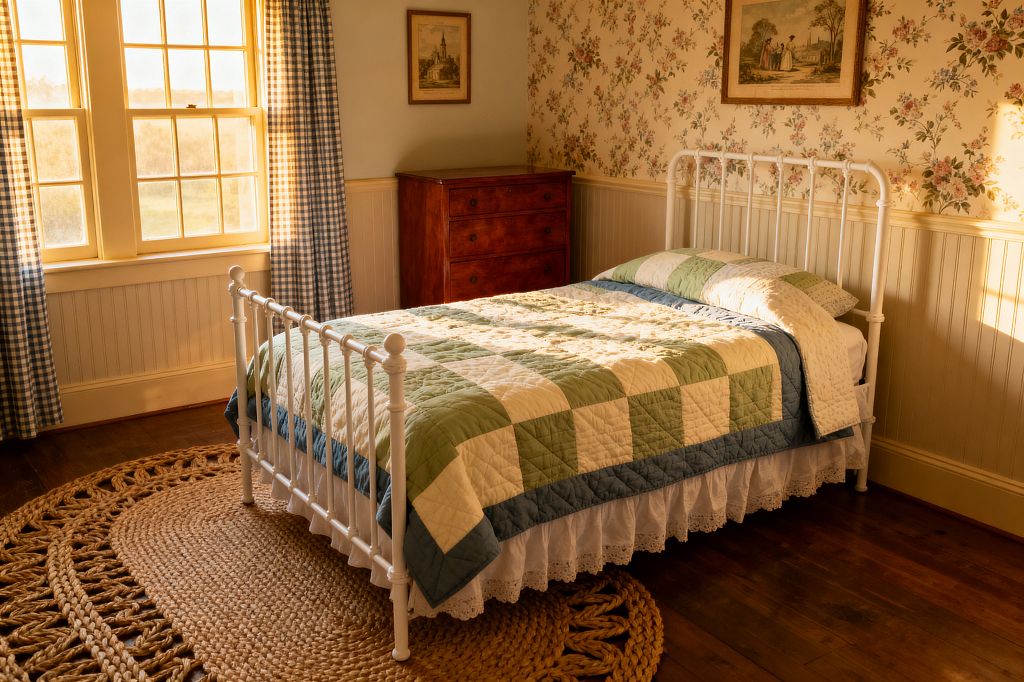 A sunlit traditional kids’ bedroom features a white iron bed dressed with a green, blue, and cream patchwork quilt and a white lace bed skirt, set atop an oval braided jute rug on warm wood floors. Cream beadboard wainscoting and floral wallpaper frame a cherry-stained dresser, while large mullioned windows with buttery trim and blue-and-white gingham curtains fill the room with golden light, complemented by framed vintage prints on the walls.