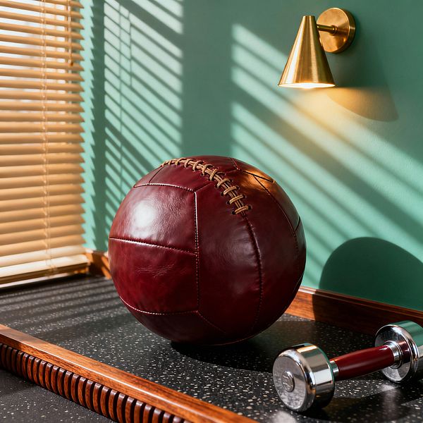 Close-up of a mid-century inspired home gym vignette with a mint-green wall and a brushed brass cone sconce casting warm light. A burgundy leather medicine ball with tan lacing sits on a black speckled rubber surface framed by reeded walnut trim, next to a polished chrome dumbbell with a red handle. Sunlight filters through light-wood Venetian blinds, creating diagonal shadows across the wall and tabletop.
