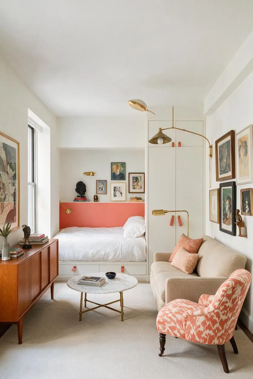A bright studio apartment with a built-in bed alcove, coral accent wall, and white cabinetry. The room includes a beige sofa, a coral patterned accent chair, a round marble coffee table, midcentury wood storage, brass wall lamps, and framed artwork arranged salon-style on the walls.
