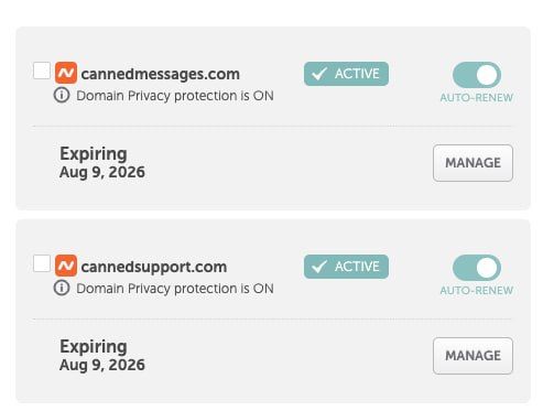 The image displays a domain management interface showing two active domains with privacy protection enabled.