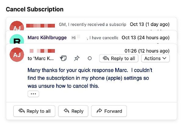 A conversation thread discussing subscription cancellation issues.