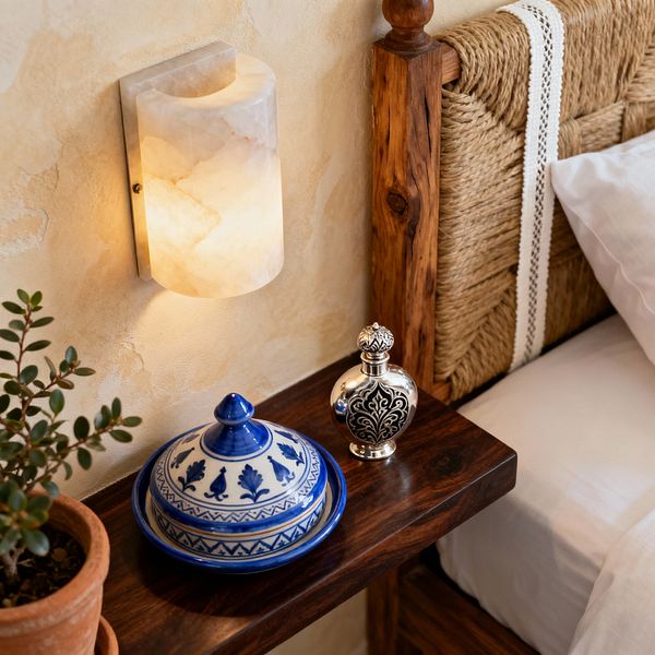 Close-up of a Moroccan-inspired bedroom corner showing a woven jute headboard framed by rustic dark hardwood posts and white cotton trim, beside a slim wooden bedside ledge. An alabaster wall sconce casts a soft amber glow over a blue-and-white glazed ceramic dish, an ornate silver-and-black perfume bottle, a terracotta potted plant, and crisp white bedding, set against warm sand-toned plaster walls.