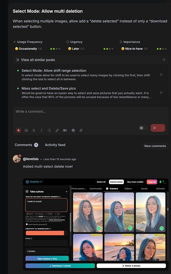 User interface of a mobile photo gallery app showing multiple selected images with options for bulk actions.