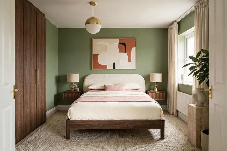 A Modern bedroom in the Olive and Blush palette: olive green, cream, blush, walnut, and brass
