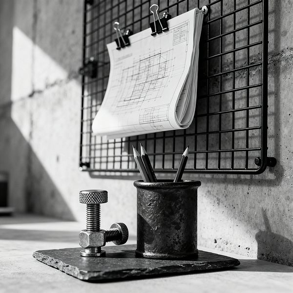 On a concrete wall, a black metal grid panel holds rolled architectural drawings with binder clips, while a slate pad on the desk supports a patinated iron pencil cup and a heavy steel bolt used as a paperweight. Strong side light casts sharp shadows across rough concrete surfaces, highlighting the utilitarian materials, monochrome palette, and the minimal, workshop-like arrangement typical of an industrial-style home office workspace.
