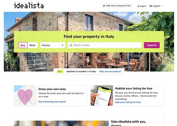 The image displays the homepage of the Idealista real estate website focused on properties in Italy.