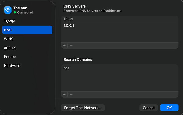 Screenshot of DNS settings on a MacBook with Cloudflare DNS configured.