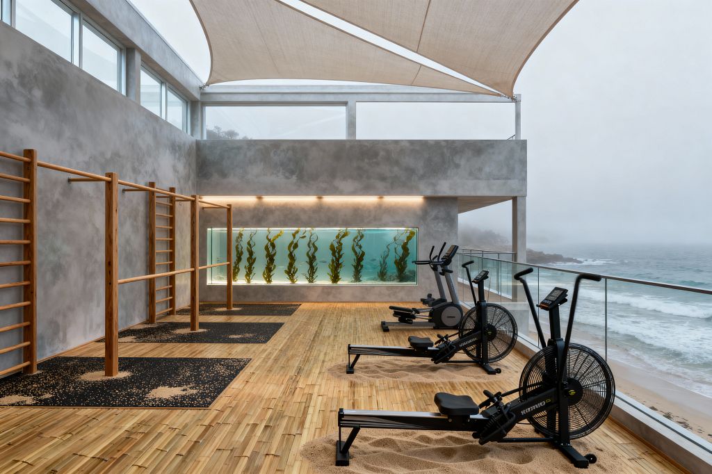 A modern oceanfront gym with floor-to-ceiling windows and a glass balustrade overlooking waves. Two black fan bikes and a rowing machine rest in recessed sand beds beside narrow teak flooring. On the left, solid wood stall bars with a ballet barre stand over speckled rubber mats. A long, backlit wall aquarium filled with tall kelp accents gray microcement walls. A taut sail-style canopy softens daylight while linear LEDs illuminate the perimeter.