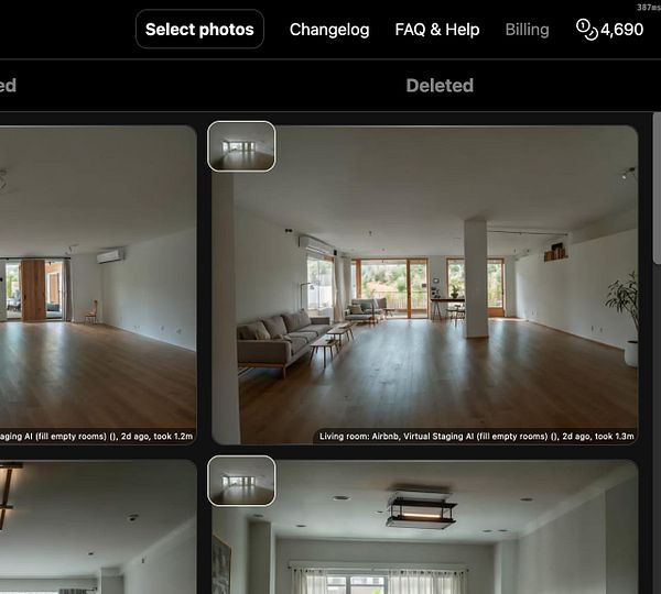 The image displays a user interface for photo management featuring multiple staged interior photos.