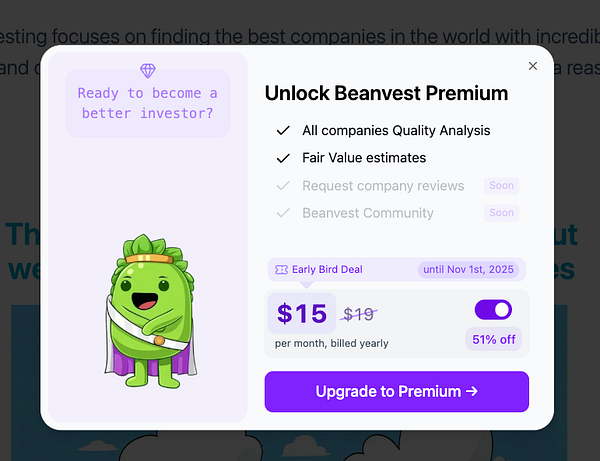 The image displays a promotional modal for Beanvest Premium subscription services.