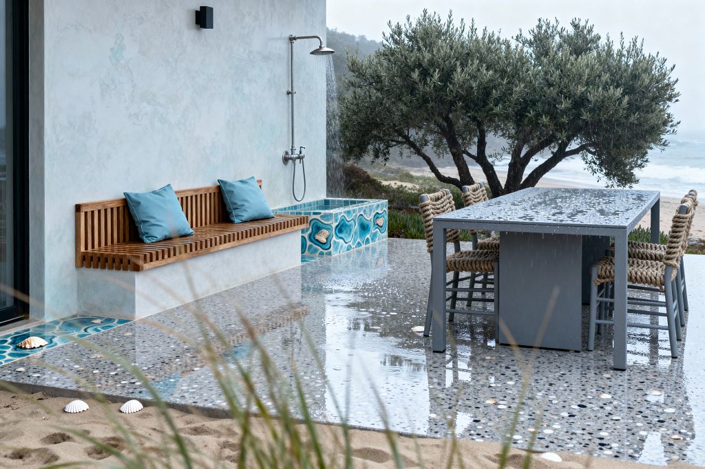 An oceanfront patio shows a polished pebble terrazzo floor with shell inlays, a powder‑coated gray dining table, and four chairs wrapped in thick nautical rope. Against a seafoam stucco wall sits a slatted teak bench with two blue cushions beside a rainfall outdoor shower mounted over a turquoise ceramic mosaic plinth, with rain beading on surfaces and dunes, coastal trees, and the shoreline visible beyond.