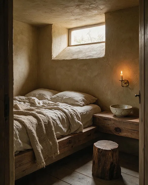 A small basement bedroom with plastered walls, a low wooden bed frame, rumpled cream bedding, and a narrow window set high in the wall. A candle sconce, cracked ceramic bowl, and tree-stump stool add handmade, natural character.