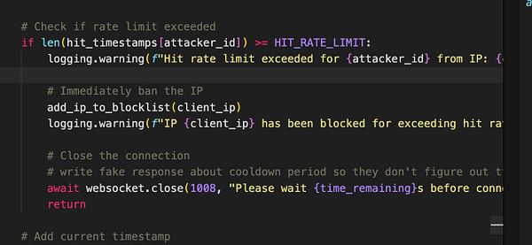 The image displays a code snippet for implementing a rate limiter in a web application.