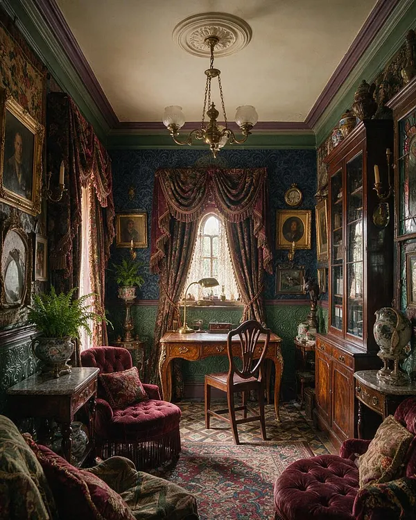 A richly decorated Victorian-style backyard room with dark patterned wallpaper, heavy burgundy drapes, framed artwork, and antique wooden furniture. The space includes a central writing desk, upholstered velvet chairs, potted ferns, a chandelier, and layered rugs in deep jewel tones.