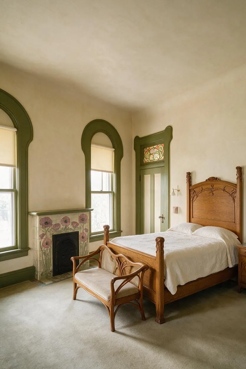 A serene guest bedroom with an ornate carved wooden bed, a matching curved wood loveseat at the foot, and tall arched windows trimmed in green. A small fireplace with floral tile surrounds adds an Art Nouveau touch, while soft white bedding and muted cream walls create a calm, elegant atmosphere.
