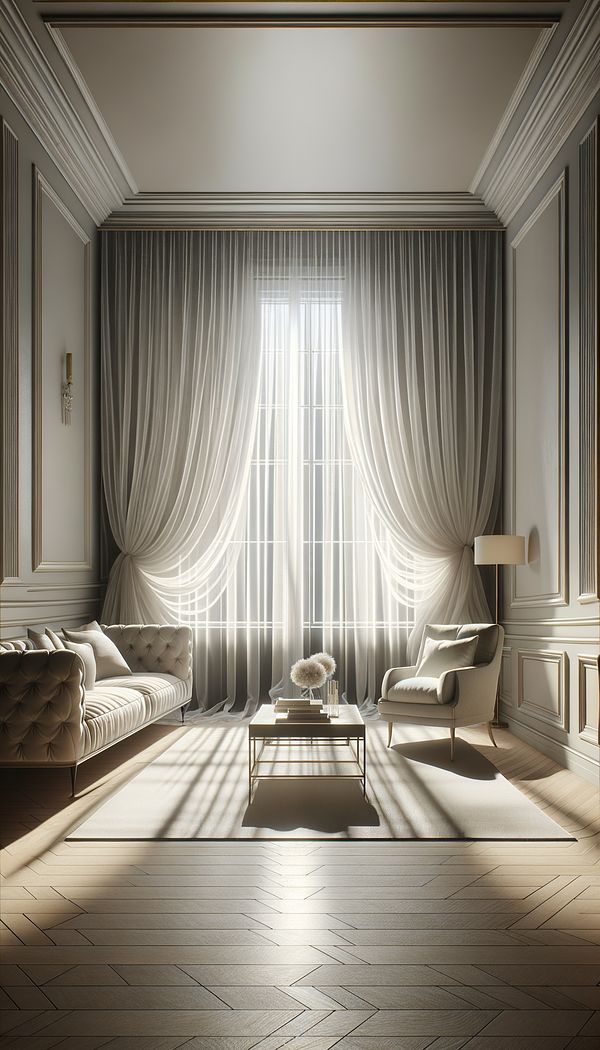 a sheer, crisp organdy curtain softly diffusing sunlight in an elegantly designed living room