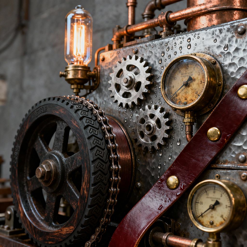 Close-up of a steampunk-inspired laundry machine shows a hand‑hammered metal panel with water droplets, flanked by copper pipes and brass pressure gauges. A glowing Edison bulb illuminates interlocking steel cogs, a chain, and a large drive wheel with a rubber rim, while an oxblood leather belt with brass studs sweeps across the surface, emphasizing the industrial, Victorian aesthetic.