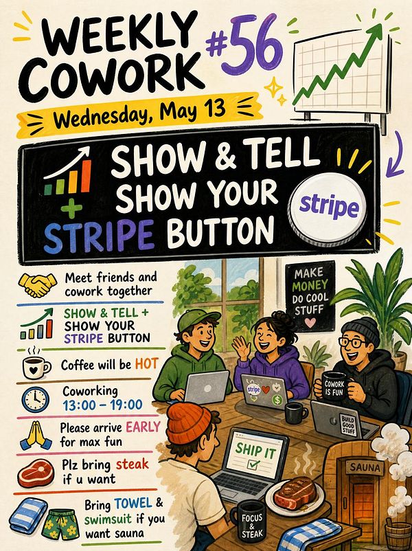 Colorful illustrative poster for the 56th Weekly Co-working event with vibrant cityscape and event details.