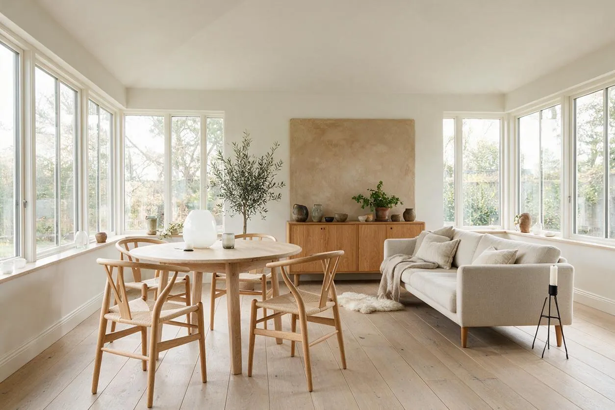 A bright Scandinavian-style sunroom with wraparound windows, pale wood floors, a round oak dining table, four matching wooden chairs, and a light neutral sofa. A wooden sideboard with ceramics and plants sits against the back wall, and soft beige textiles add warmth to the minimalist space.