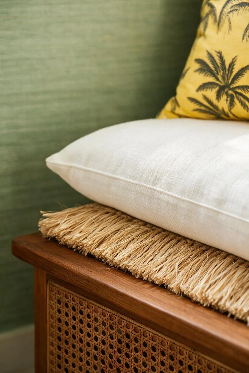 A close-up of a tropical-style bench layered with a white linen cushion and a straw-like natural fiber seat pad. The wooden frame features woven rattan detailing, while a yellow palm-print pillow and soft green wall create a fresh, relaxed look.