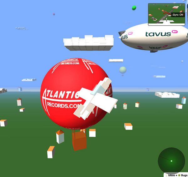 A vibrant 3D scene featuring a red hot air balloon with the Atlantic Records logo and a nearby blimp.