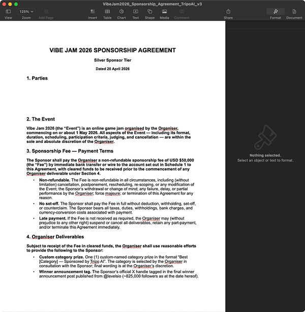 A digital contract document titled 'Vibejam Contract' displayed as a PDF in a mobile document viewer.