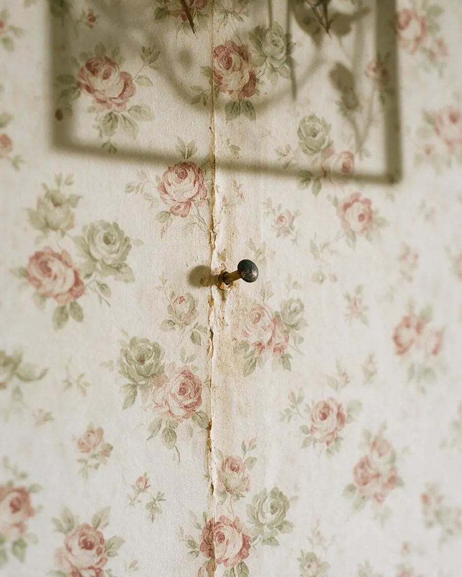 A close-up of vintage-style wallpaper covered in soft pink and muted green rose prints on a warm cream background. A small dark brass knob and a vertical seam run through the center, adding an aged, handcrafted feel.