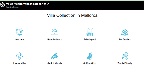 The image displays a categories section for a villa collection in Mallorca.