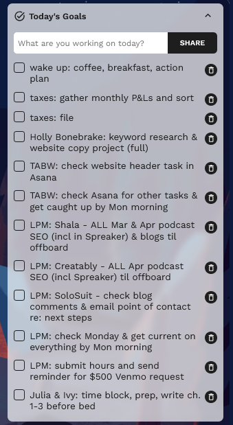 A task management interface displaying a list of goals for the day.