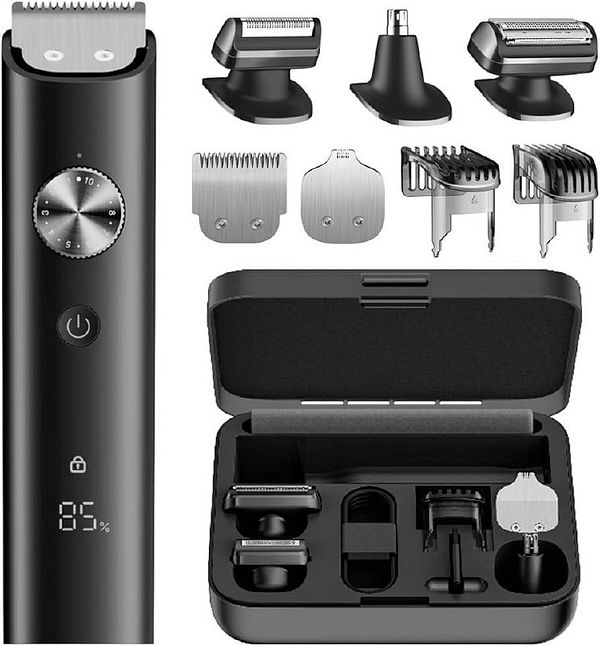 Photo of a Xiaomi electric trimmer with a black and red body placed on a white wooden floor.