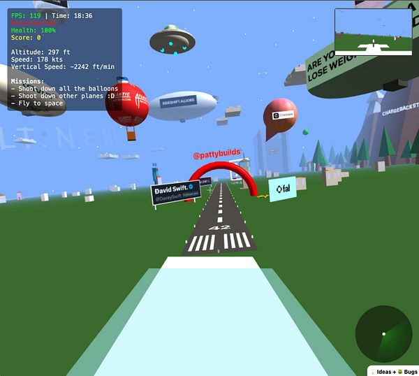A virtual environment featuring a runway with various UI elements and floating objects.