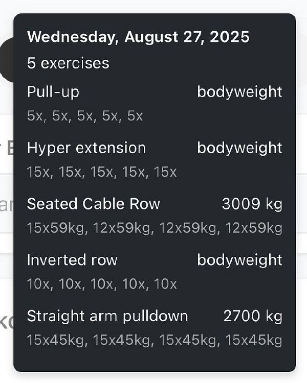 The image displays a workout plan for back exercises scheduled for August 27, 2025.
