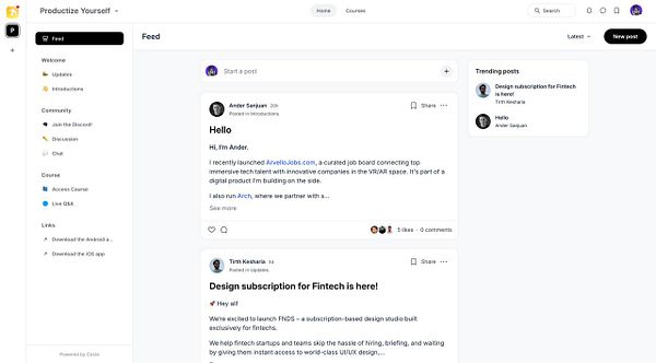 The image displays a social media feed from the 'Productize Yourself' platform, featuring posts and community interactions.